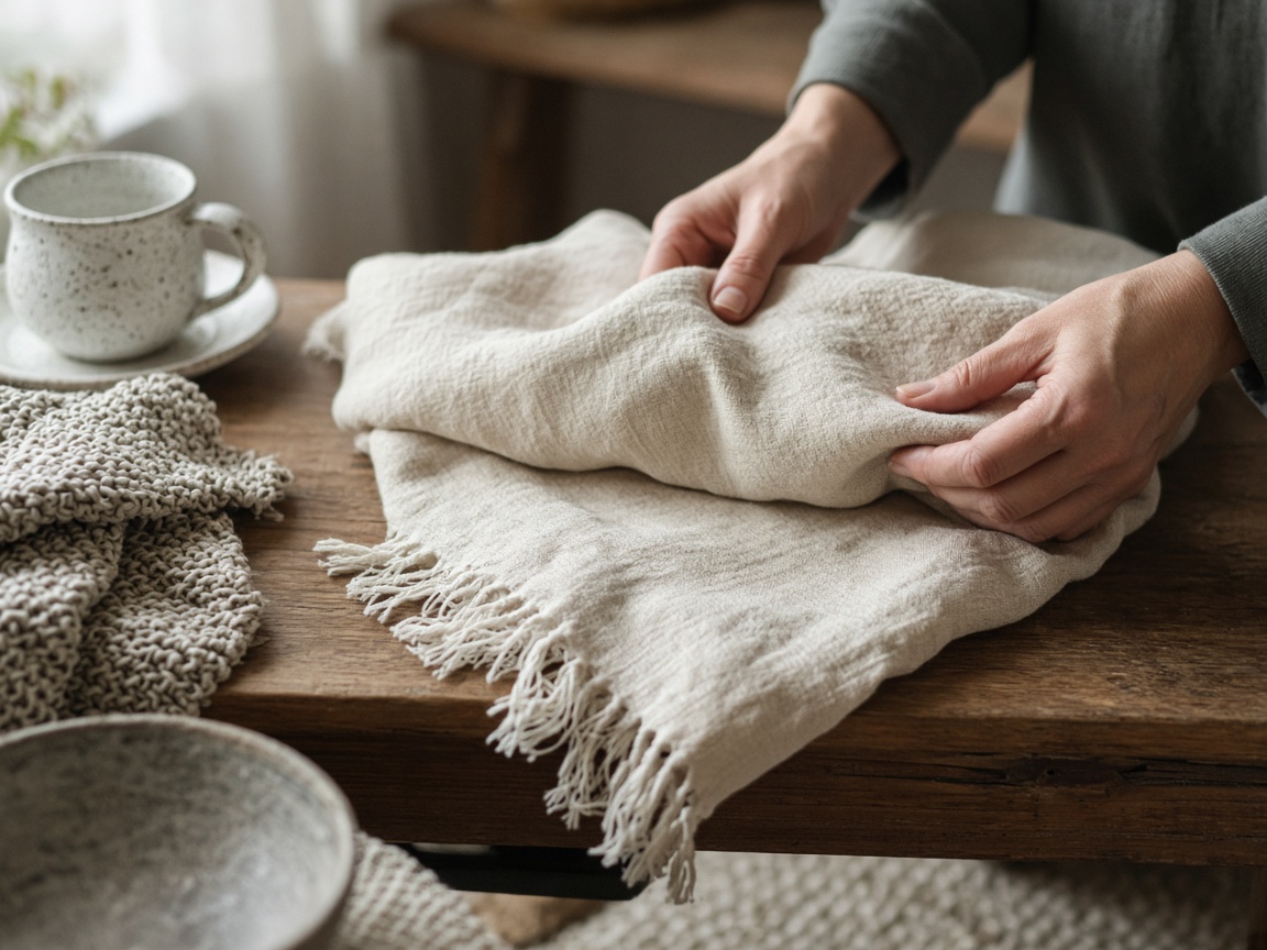 Hands folding a linen throw at home